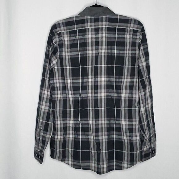 Mens Express  Extra Slim Fit Plaid Button Down Shirt L 16-16 1/2 Black Gray - Picture 3 of 5